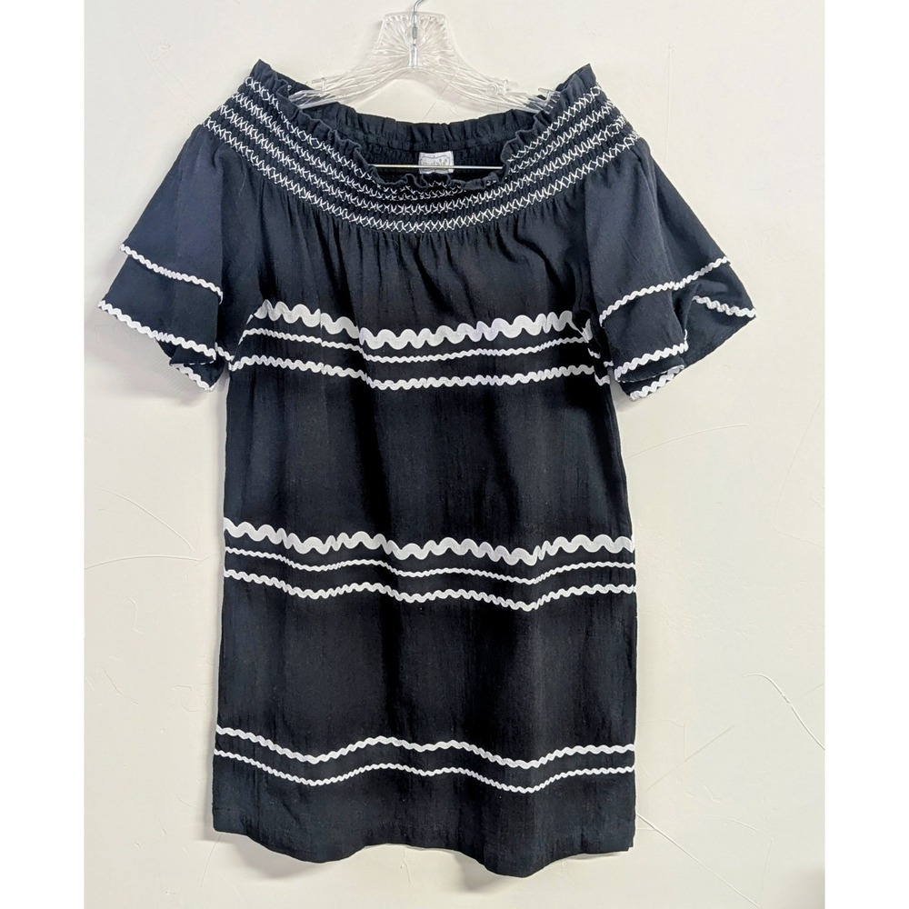Mudpie NWOT Women's Smocked Peasant Top/Short Dress Small Black & White‎ Ric Rac